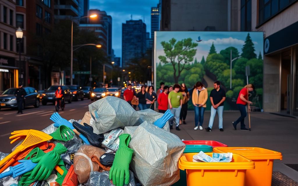 A Bustling City Street At Dusk, Streetlamps Casting A Warm Glow. In The Foreground, A Collection Of Community Litter Prevention Tools, Including Sturdy Trash Grabbers, Reusable Gloves, And Brightly Colored Litter Collection Bins. The Middle Ground Showcases A Group Of Volunteers Diligently Cleaning Up The Sidewalks And Curbs, Their Faces Determined Yet Hopeful. In The Background, A Mural Depicting Nature Reclaiming The Urban Landscape, A Symbol Of The Community'S Commitment To A Cleaner, Greener Future. The Overall Mood Is One Of Civic Pride And Collective Action, Inspiring Viewers To Join The Effort To Prevent And Report Littering From Motor Vehicles.