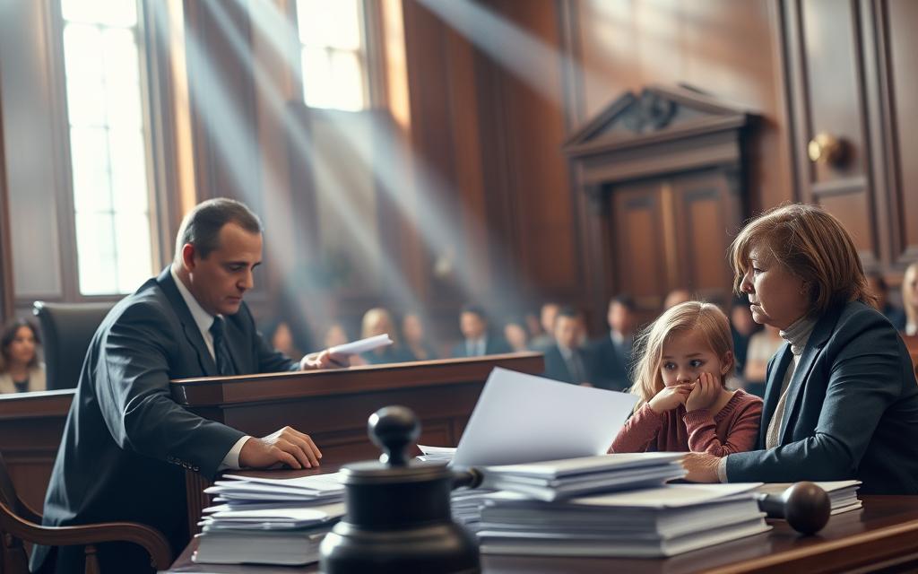 A Bustling Courtroom Scene, With A Stern-Faced Judge Presiding Over A Desk Piled High With Legal Documents. In The Foreground, A Concerned Parent And A Nervous-Looking Child Sit Opposite A Solemn-Faced Lawyer, Their Expressions Conveying The Weight Of The Legal Implications Surrounding School Refusal. Soft Beams Of Light Stream In Through Tall Windows, Casting A Somber Mood Over The Proceedings. The Background Is A Hazy, Blurred Expanse Of Wood-Paneled Walls And Mahogany Furniture, Suggesting The Gravity And Formality Of The Legal System. The Composition Is Balanced, With The Central Figures Drawing The Eye, While The Details In The Periphery Hint At The Broader Context And Consequences Of The Issue At Hand.
