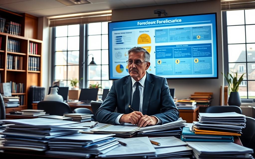 A Bustling Law Office, Sunlight Streaming Through Large Windows, Illuminating A Cluttered Desk Covered In Legal Documents And Folder Files. In The Foreground, A Serious-Looking Lawyer In A Tailored Suit Sits, Pen In Hand, Deep In Contemplation. Behind Them, A Wall-Mounted Monitor Displays A Visual Representation Of The Foreclosure Process, With Detailed Infographics And Timelines. The Atmosphere Is One Of Professionalism And Attention To Detail, Conveying The Gravity And Importance Of The Legal Options Available To Those Facing Foreclosure.