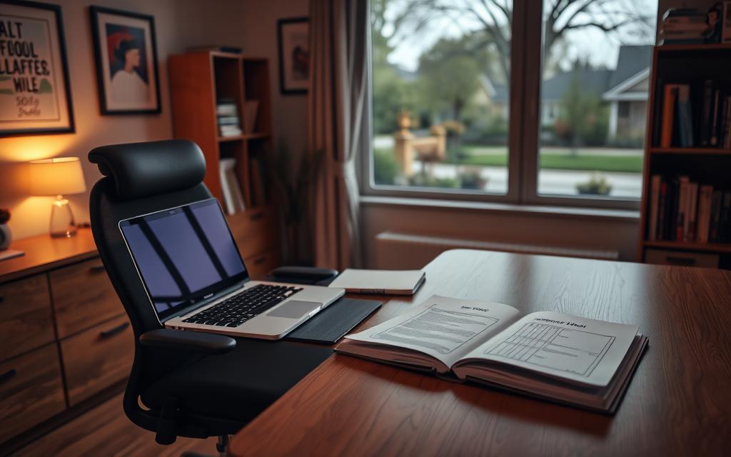 A Contemplative Home Office Setting, With A Sturdy Wooden Desk And Ergonomic Chair. On The Desk, A Laptop, Some Stationery, And A Structured Plan Document, Its Pages Neatly Arranged. The Walls Are Adorned With Motivational Artwork And Shelves Holding Educational Resources. Warm, Focused Lighting Illuminates The Scene, Creating A Contemplative Atmosphere. In The Background, A Window Offers A Glimpse Of A Serene, Tree-Lined Suburban Neighborhood, Hinting At The Balancing Act Between Academic Responsibilities And Personal Well-Being. The Overall Impression Conveys A Sense Of Thoughtful Preparation And A Commitment To Addressing The Complex Issue Of School Refusal.