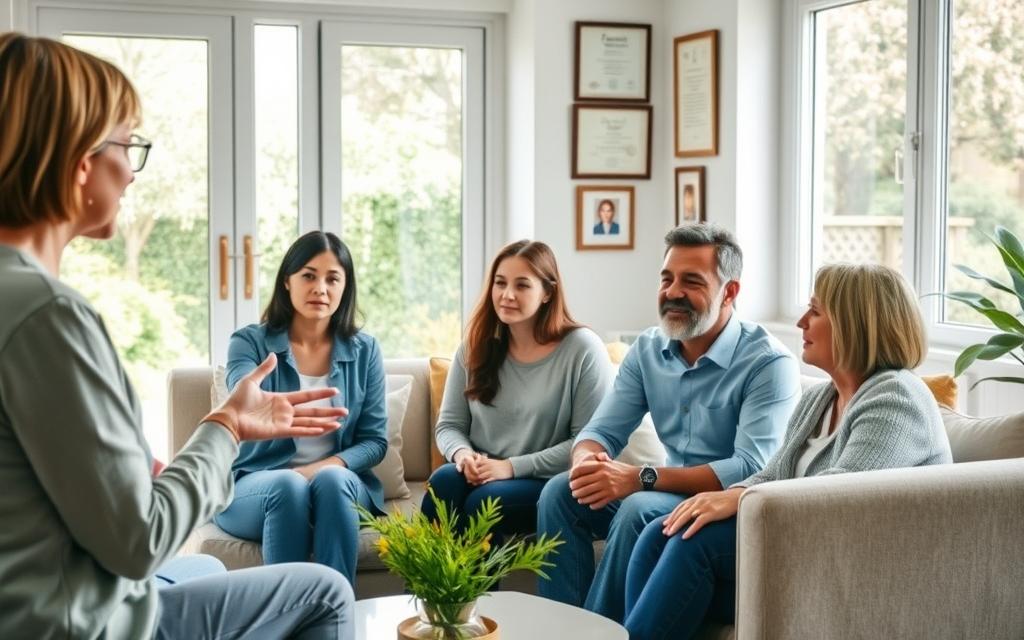 A Cozy Family Therapy Session In A Bright, Airy Room. In The Foreground, A Supportive Therapist Gestures Empathetically As A Troubled Teenager And Their Worried Parents Sit Together, Discussing School Refusal Concerns. Mid-Ground, Diplomas And Degrees On The Walls Suggest Expertise. The Background Features A Large Window Overlooking A Lush Garden, Casting Warm Natural Light And A Sense Of Tranquility. Muted Tones And Soft Textures Create A Welcoming, Non-Confrontational Atmosphere, Encouraging Open Dialogue And Problem-Solving.