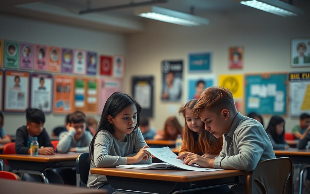 A Dimly Lit Classroom Filled With Desks And Chairs, The Walls Adorned With Colorful Anti-Bullying Posters And Informational Signs. In The Foreground, A Group Of Students Engaged In A Thoughtful Discussion, Their Expressions Serious As They Examine A Document On The Teacher'S Desk. The Lighting Casts A Warm, Contemplative Glow, Suggesting A Scene Of Engaged Learning And Policy Understanding. The Background Blurs Slightly, Hinting At The Broader School Environment Beyond, Conveying A Sense Of The Administrative Responsibilities And Policies At Play. The Overall Atmosphere Is One Of Seriousness And Responsibility, Reflecting The Importance Of The Subject Matter.