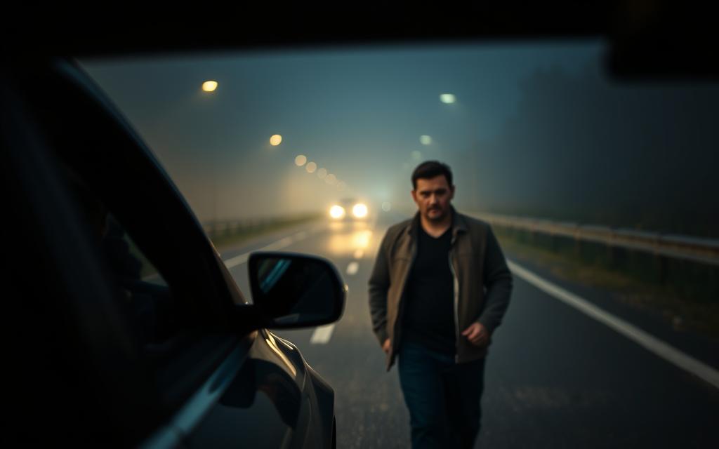 A Dimly Lit Road At Dusk, With A Car In The Foreground And A Person Littering From The Passenger Window. The Driver'S Face Is Obscured, Conveying A Sense Of Responsibility And Accountability. In The Middle Ground, A Pedestrian Witnesses The Littering, With A Disapproving Expression. The Background Is Hazy, Suggesting The Pervasiveness Of This Issue. The Scene Is Captured With A Shallow Depth Of Field, Emphasizing The Key Elements And Their Relationship. Dramatic Lighting Casts Shadows, Heightening The Sense Of Tension And The Need For Change.