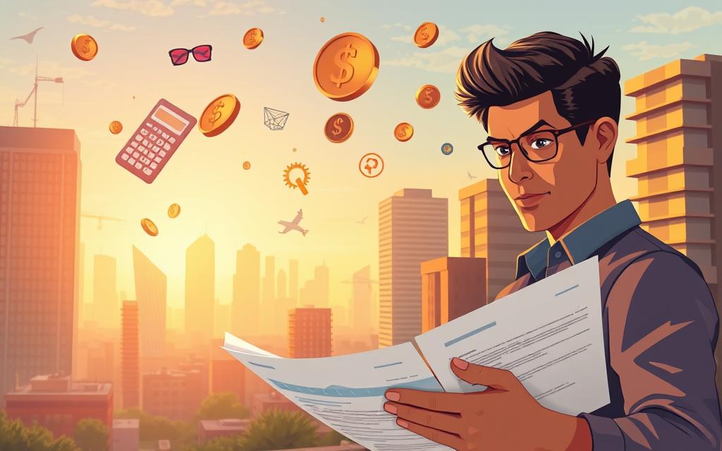 A Vibrant Illustration Showcasing Creative Financial Strategies To Avoid Foreclosure. In The Foreground, A Person Confidently Examines Financial Documents, Their Expression Determined. In The Middle Ground, Various Financial Tools And Symbols Float - A Calculator, Coins, Charts, And Graphs - All Bathed In A Warm, Golden Light. In The Background, A Cityscape With Towering Skyscrapers Fades Into A Hazy, Dreamlike Horizon, Suggesting The Possibility Of A Brighter Financial Future. The Scene Is Rendered With A Cinematic, Slightly Moody Atmosphere, Using A Wide-Angle Lens To Capture The Sense Of Scale And Scope Of The Challenge At Hand.