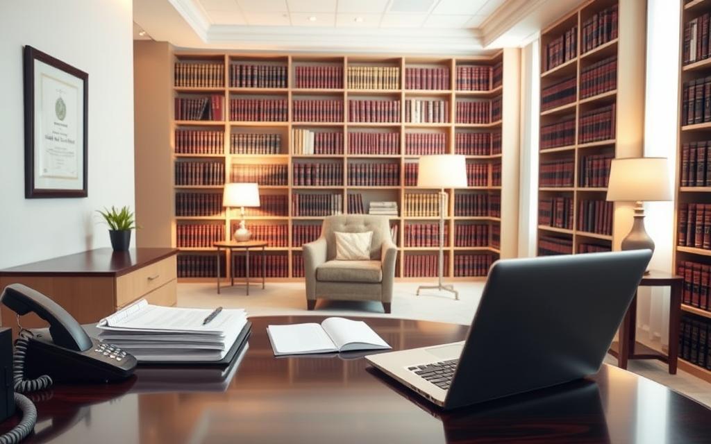 Prompt A Serene, Well-Lit Office Interior With A Clean, Modern Aesthetic. In The Foreground, A Desk With A Laptop, A Stack Of Legal Documents, And A Phone. On The Wall Behind The Desk, A Framed Certificate Or Award Signifying Legal Expertise. In The Middle Ground, A Comfortable Armchair And A Side Table With A Lamp, Creating A Cozy Consultation Area. The Background Features Floor-To-Ceiling Bookshelves Filled With Law Books, Suggesting A Comprehensive Legal Resource Library. The Overall Mood Is Professional, Authoritative, And Reassuring, Conveying The Availability Of Trusted Legal Support For Parents.