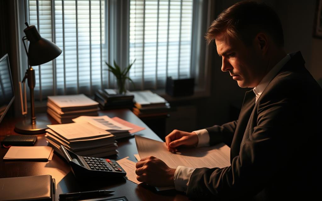 A Dimly Lit Office, The Desk Illuminated By A Warm Lamp, Stacks Of Financial Documents And A Calculator Hinting At The Complexities Of Breaking A Lease Early. In The Foreground, A Pensive Businessperson Reviews Paperwork, Their Expression Reflecting The Weight Of The Decision. Shadows Cast Across The Room, Symbolic Of The Uncertainty And Potential Consequences. The Scene Conveys The Serious Financial Implications And The Careful Consideration Required When Navigating The Challenges Of Lease Termination.