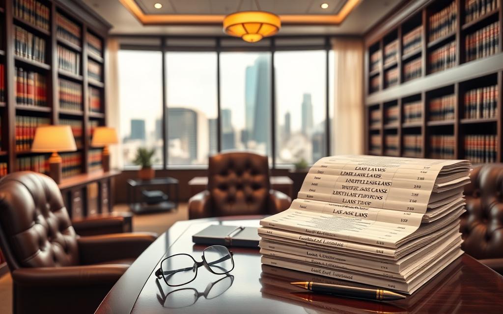 A Large, Well-Organized Office With A Mahogany Desk, Leather Chairs, And A Floor-To-Ceiling Bookshelf Filled With Legal Volumes. Soft, Warm Lighting Casts A Professional Glow, And A Large Window Offers A View Of A Bustling City Skyline. On The Desk, Meticulously Arranged Stacks Of Documents Detail State-Specific Lease Laws, Each Tab Labeled With The Name Of A Different U.s. State. A Pair Of Reading Glasses And A Pen Rest Nearby, Suggesting A Lawyer Or Legal Expert Is In The Midst Of Carefully Reviewing The Materials. The Overall Atmosphere Conveys A Sense Of Authority, Expertise, And The Importance Of Understanding The Nuances Of Local Tenant-Landlord Regulations.