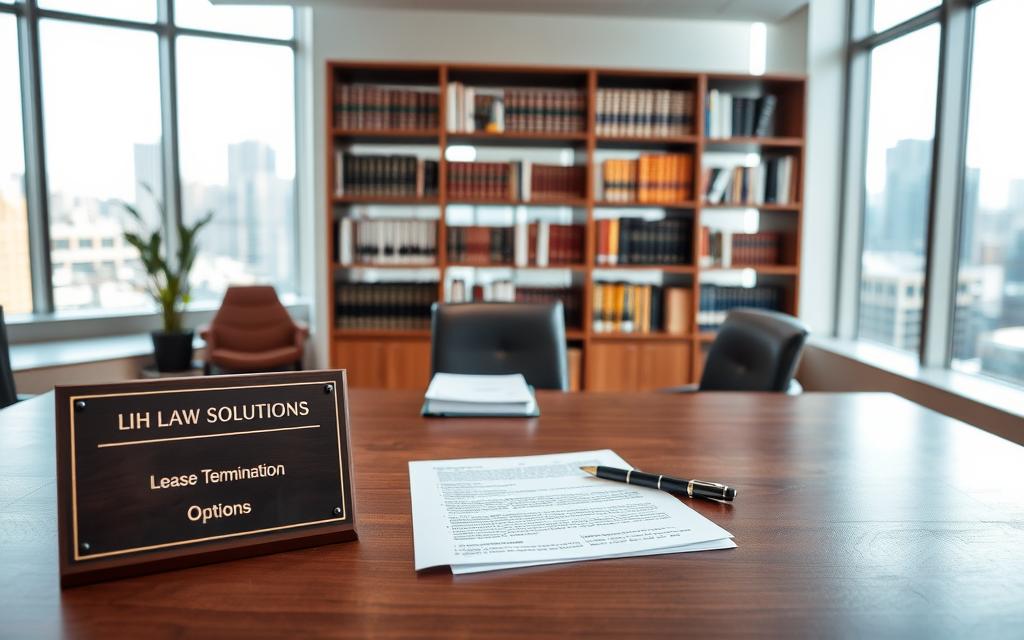 A Modern Law Office Interior With Large Windows And Plenty Of Natural Lighting. In The Foreground, A Wooden Desk With A Laptop, A Stack Of Documents, And A Pen. On The Desk, A Plaque That Reads &Quot;Lease Termination Options&Quot;. In The Middle Ground, A Bookshelf Filled With Legal Journals And Textbooks. In The Background, A Cityscape Visible Through The Windows, Conveying A Sense Of Urban Setting. The Overall Mood Is One Of Professionalism, Expertise, And A Focus On Providing Legal Solutions.
