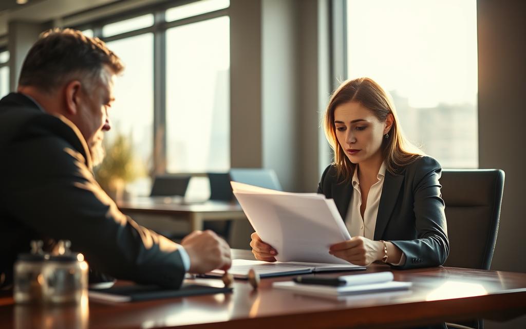 A Professional Businesswoman In A Modern Office, Sitting At A Desk And Engaged In A Tense Negotiation With A Landlord. The Scene Is Bathed In Warm, Natural Light From A Large Window, Creating A Sense Of Professionalism And Intensity. The Landlord, Dressed In A Suit, Leans Forward With A Stern Expression, While The Businesswoman Maintains A Calm, Confident Posture As She Reviews Documents And Discusses Lease Termination Options. The Background Is Slightly Blurred, Keeping The Focus On The Two Figures And The Negotiation Unfolding Between Them.
